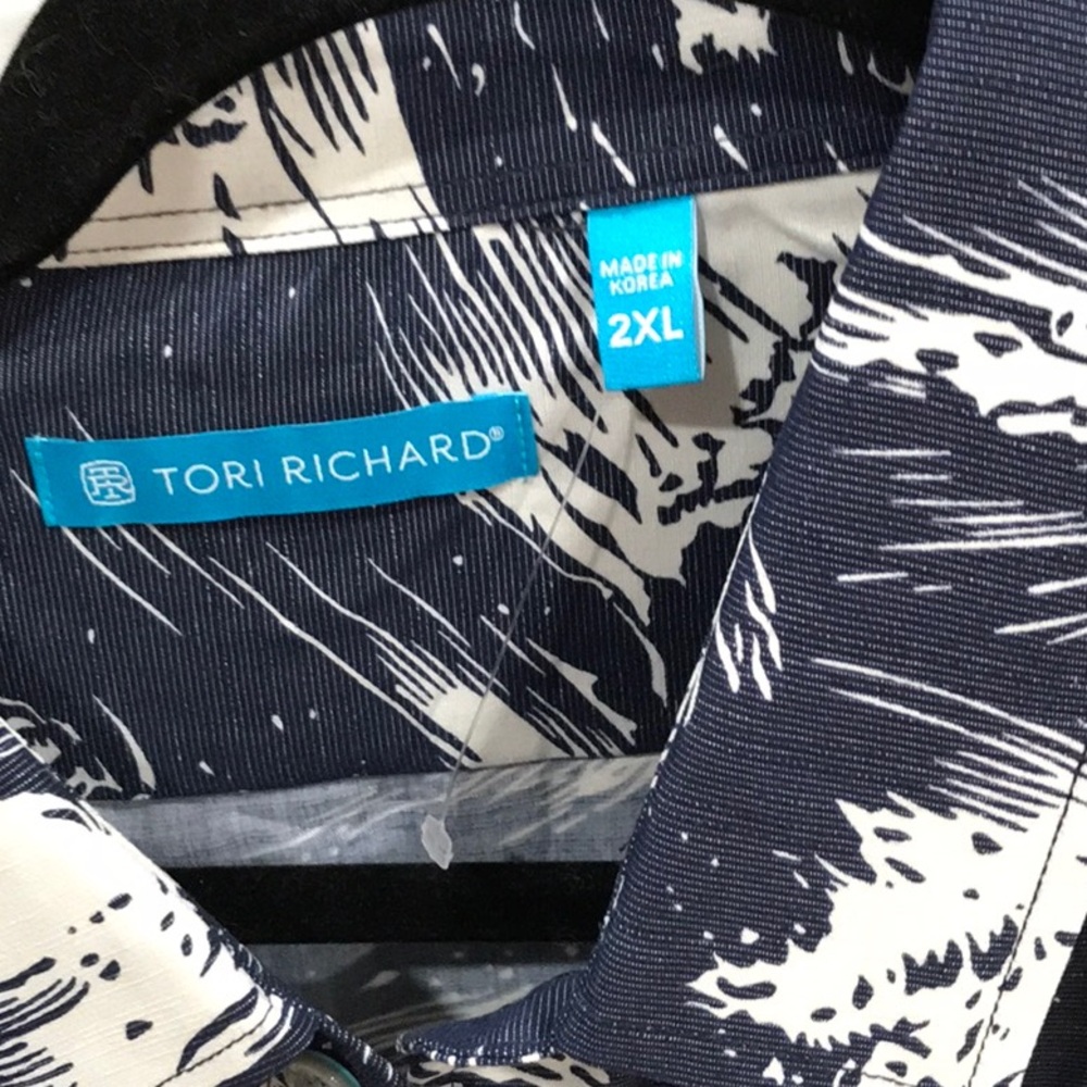 Navy Blue Wave Print Shirt Tori Richard - Picture 3 of 7